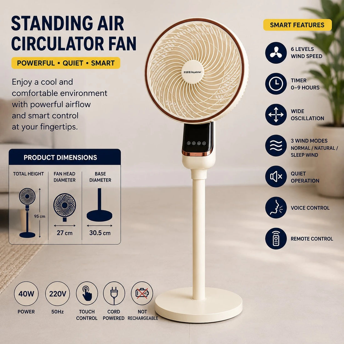 Standing Air Circulator Fan 40W Smart Voice Control Fan with Remote Control