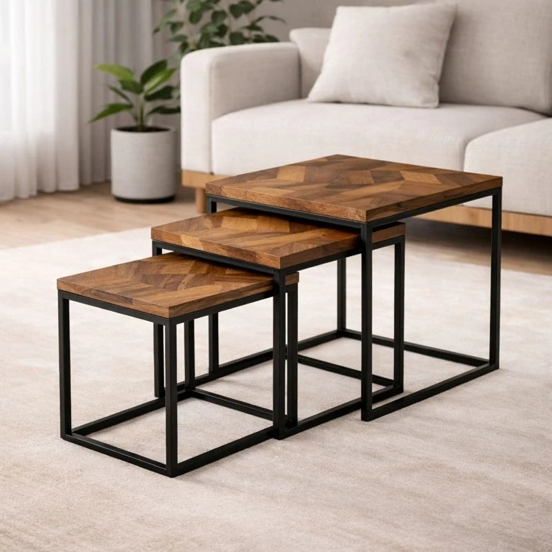 Square Nesting Coffee Tables 3 Pcs Set Industrial Wood Metal Side Tables Herringbone Design Living Room Furniture