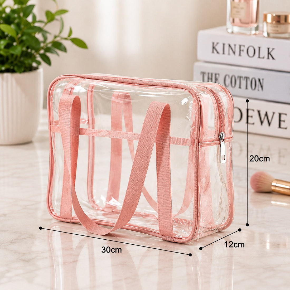 Clear Transparent School Storage Bag with Pink Handles & Metal Zipper Multipurpose Organizer for Stationery Travel Beauty & Personal Care