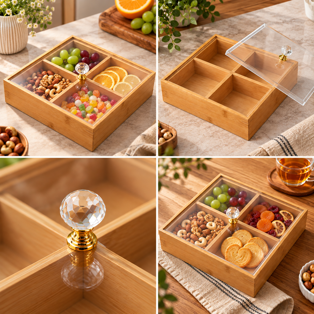 Bamboo 4 Compartment Candy Storage Box