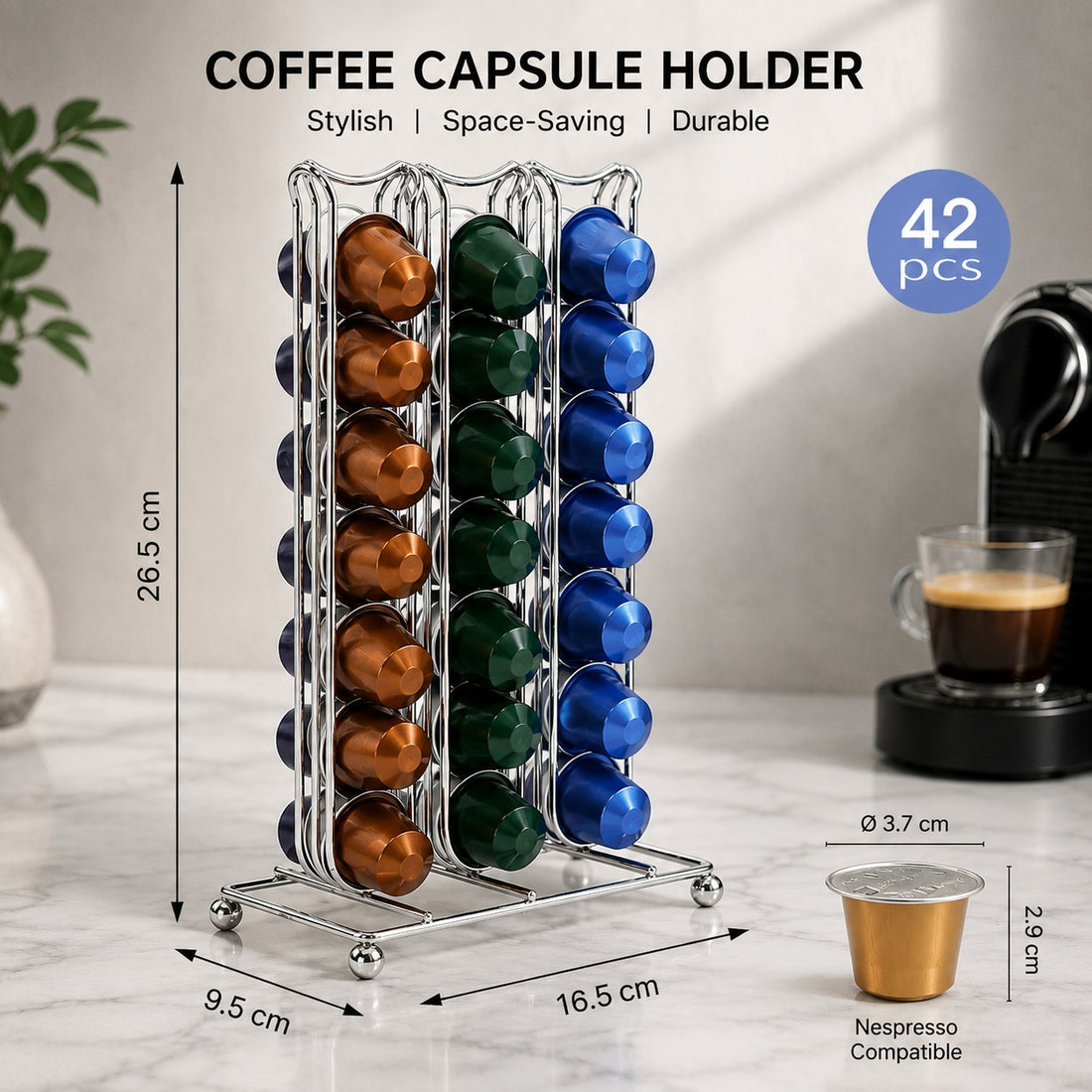 42 Capsule Coffee Pod Holder Nespresso Compatible Vertical Chrome Storage Organizer