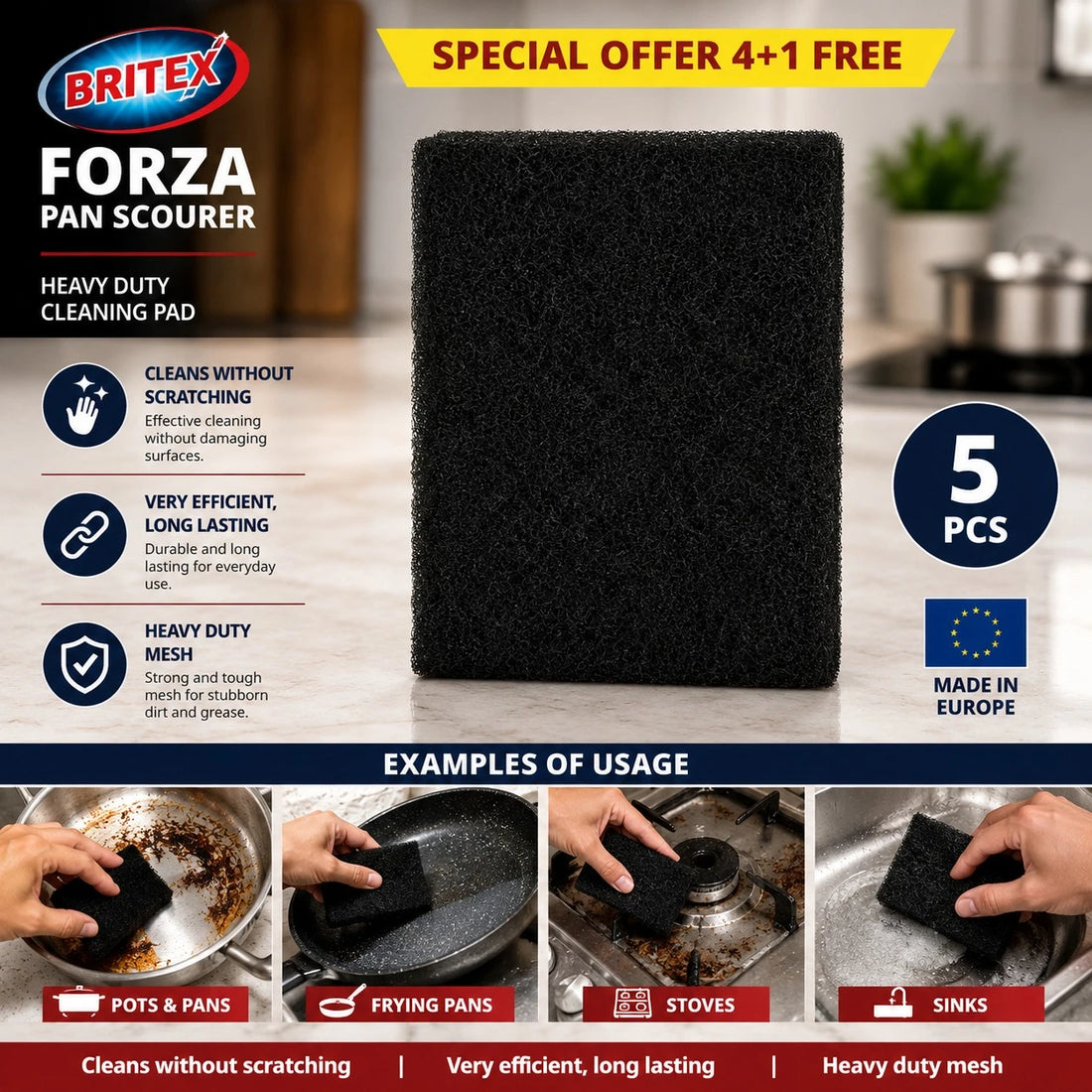 Britex Forza Pan Scourer Cleaning Pad Heavy Duty Kitchen Scrubbing Pad 5 Pieces