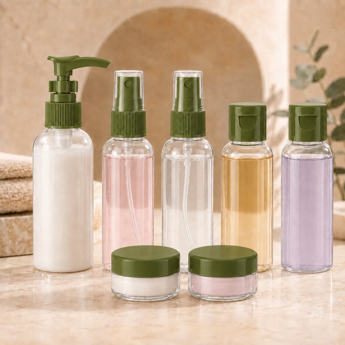 Travel Toiletry Bottles & Containers Set with Clear Carry Orange Green Pouch