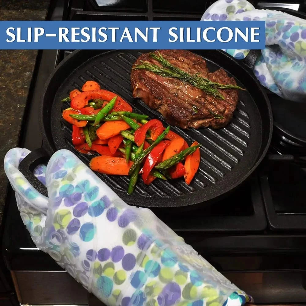 Heat Resistant Silicone Oven Gloves with Non-Slip Grip and Waterproof Protection for Cooking Baking and Grilling