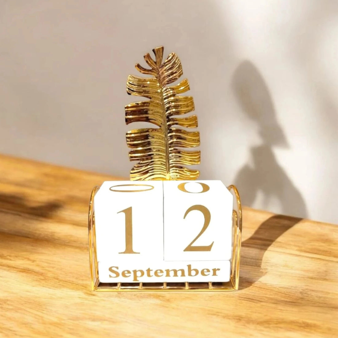 Gold Perpetual Desk Calendar with Wooden Date Blocks and Decorative Leaf Metal Frame