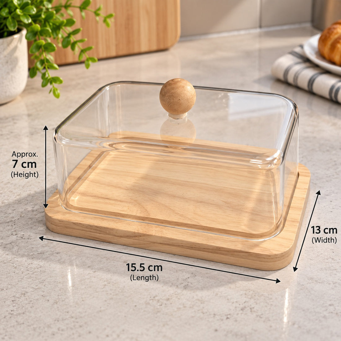 Plexiglass Butter Dish with Wooden Base & Clear Cover 15.5 × 13 cm
