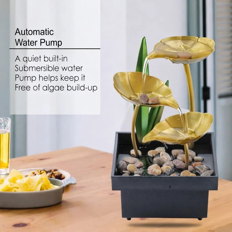 Decorative Tabletop Water Fountain Gold Lotus Leaf Indoor Zen Waterfall LED Light Home Office Relaxation Decor