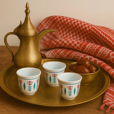 Set of 12 Arabic Coffee Espresso Cups – Green Tulip Design