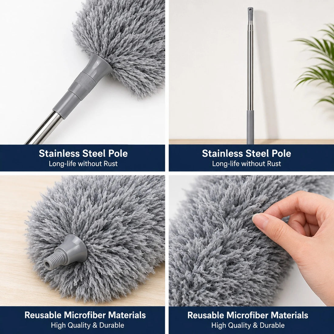 Extendable Microfiber Feather Duster Stainless Steel Dust Cleaner Telescopic Ceiling Fan Duster Reusable Washable Cleaning Brush