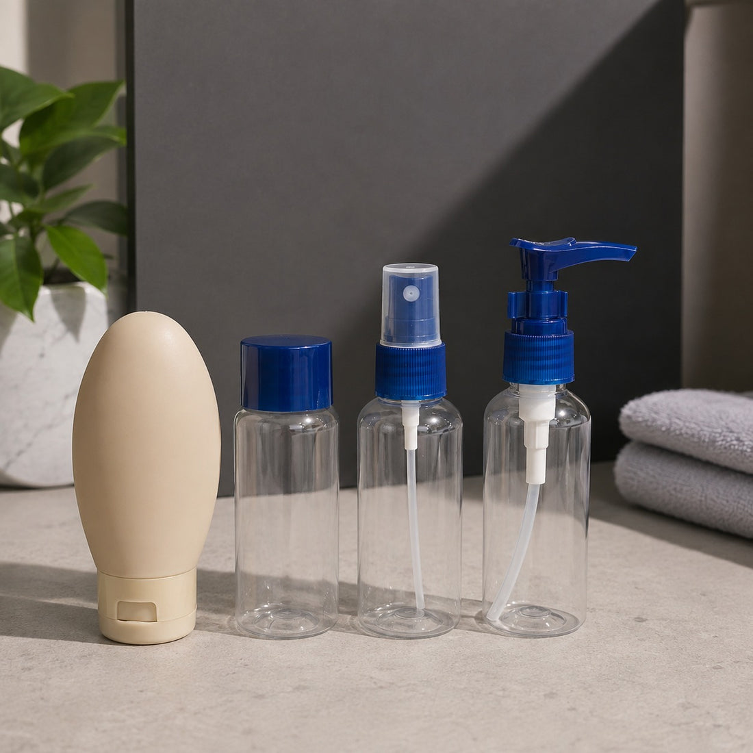 4 Piece Refillable Travel Toiletry Bottle Set with Clear Pouch – navy