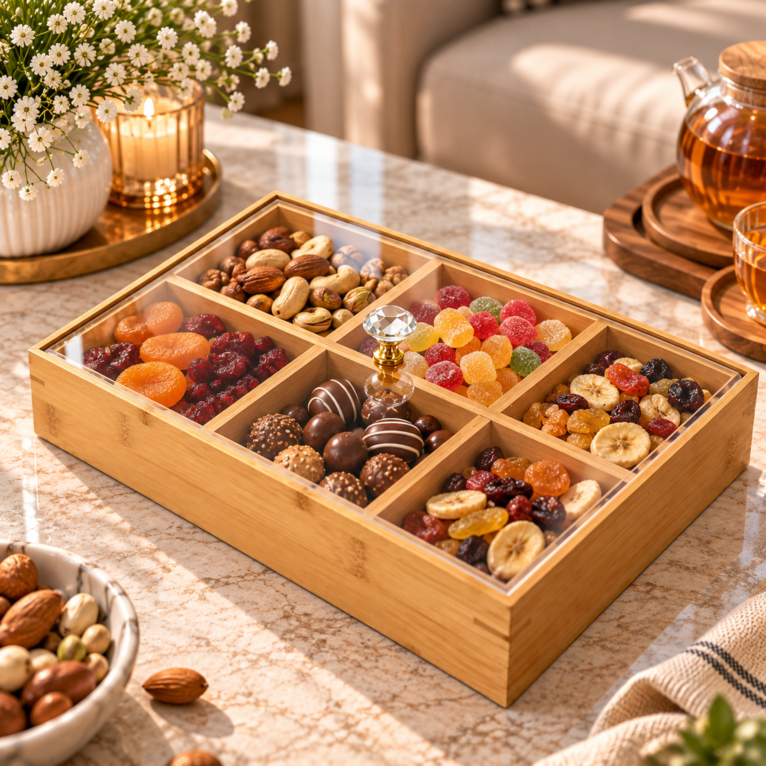 6 Compartment Bamboo Candy Box