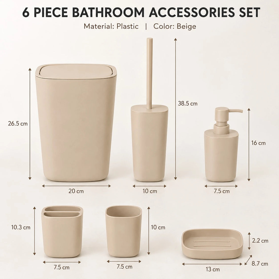 6 Piece Beige Plastic Bathroom Accessories Set with Trash Bin Soap Dispenser Toothbrush Holder Tumbler Soap Dish and Toilet Brush