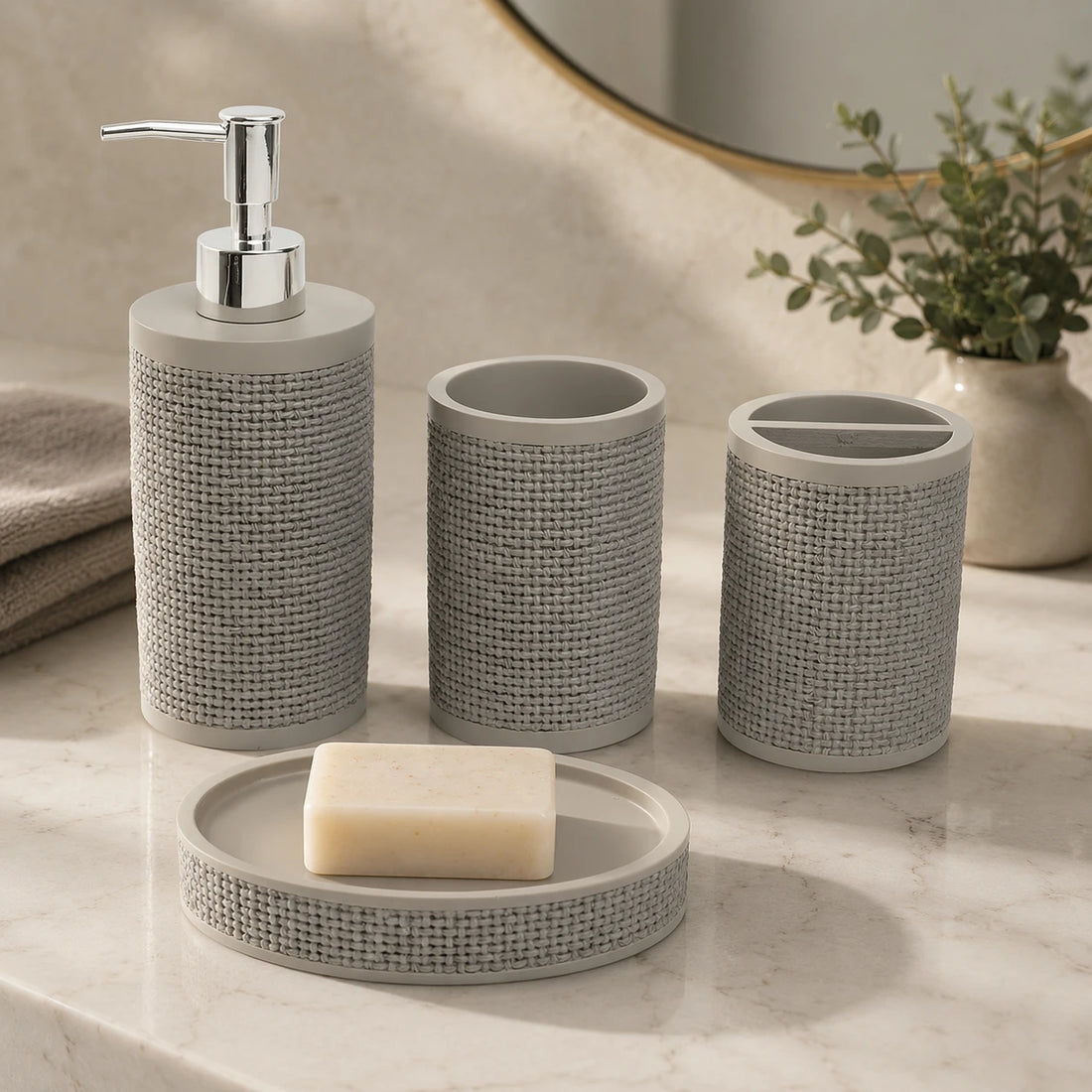 4 Piece Woven Texture Bathroom Accessories Set with Soap Dispenser, Toothbrush Holder, Tumbler & Soap Dish