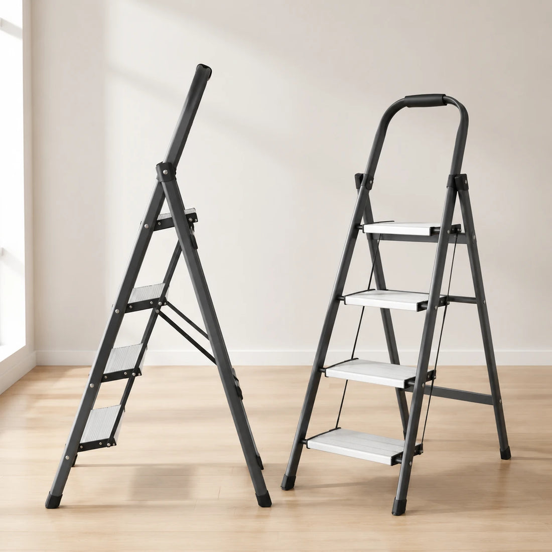 4 Step Folding Ladder with Wide Anti Slip Steps Padded Safety Handle & Rubber Feet