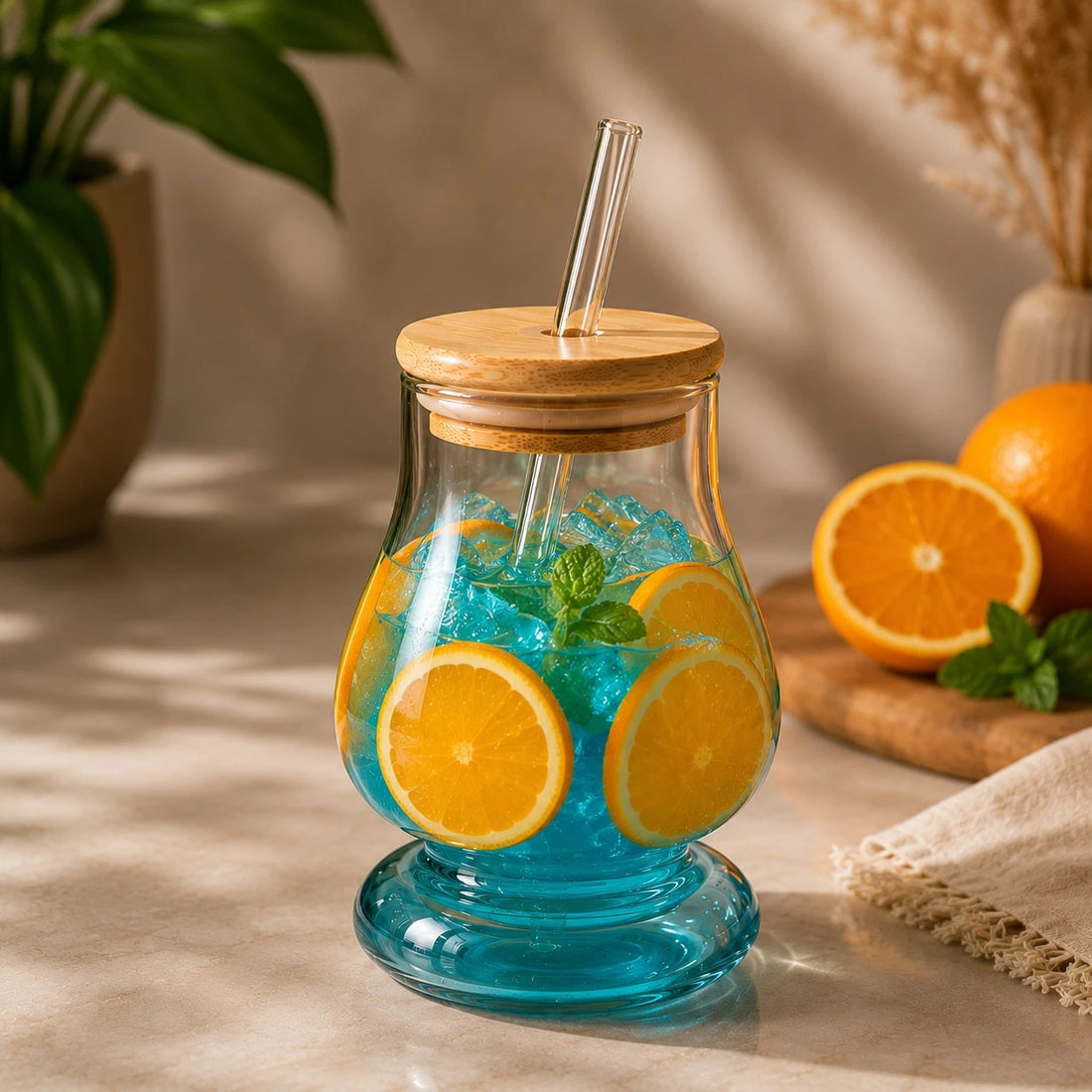 Golden Glass Juice Cup With Bamboo Lid Glass Straw Smoothie Lemonade Iced Coffee Drinking Glass 13.5 cm