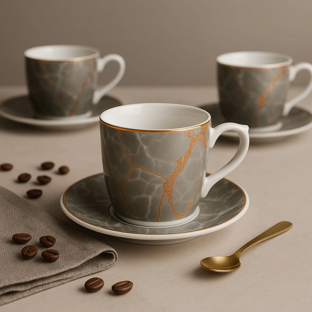 Set of 6 Gray Marble Coffee Espresso Cups