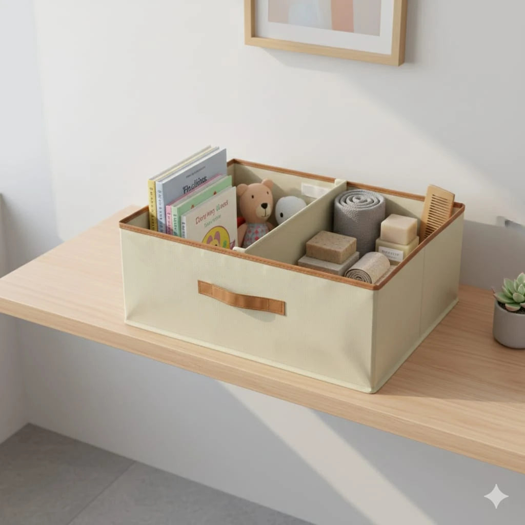 Foldable Clothes Organizer Box with 2 Sections – beige Non-Woven Wardrobe & Underbed Storage 50 × 40 × 20 cm