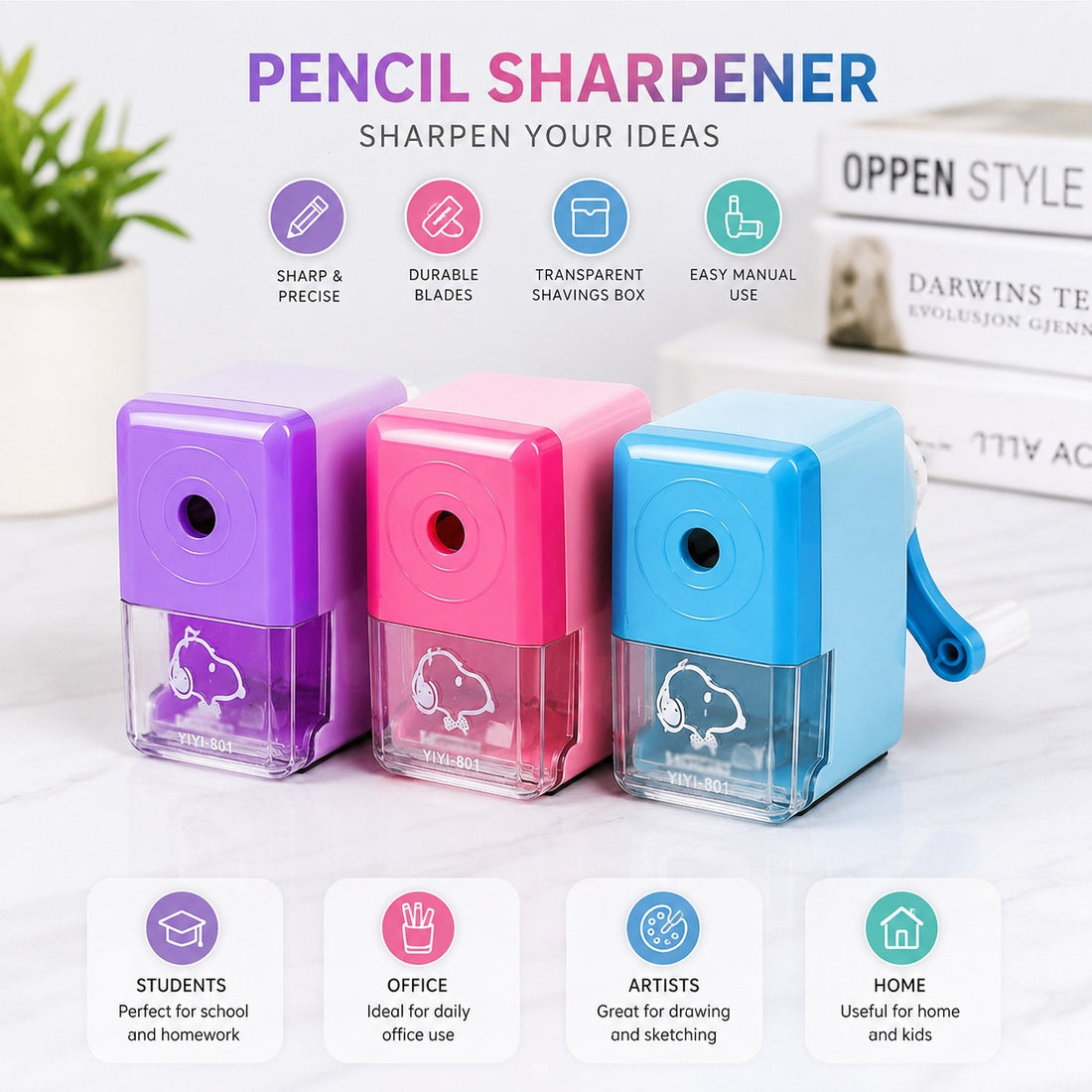 Manual Pencil Sharpener with Hand Crank Transparent Shavings Box for School Office Home Students & Artists