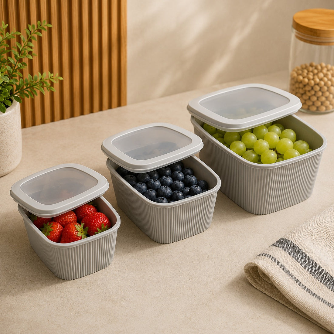 3 Piece Stackable Food Storage Container Set with Transparent Lids PP TPR Kitchen Organizer Boxes