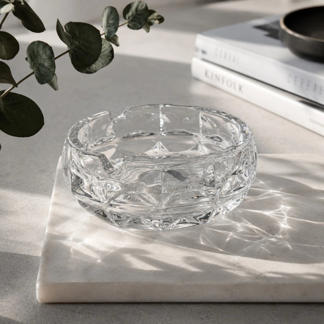 Clear Glass Ashtray Crystal Look Decorative Round Cigarette Holder Tabletop 11.5cm