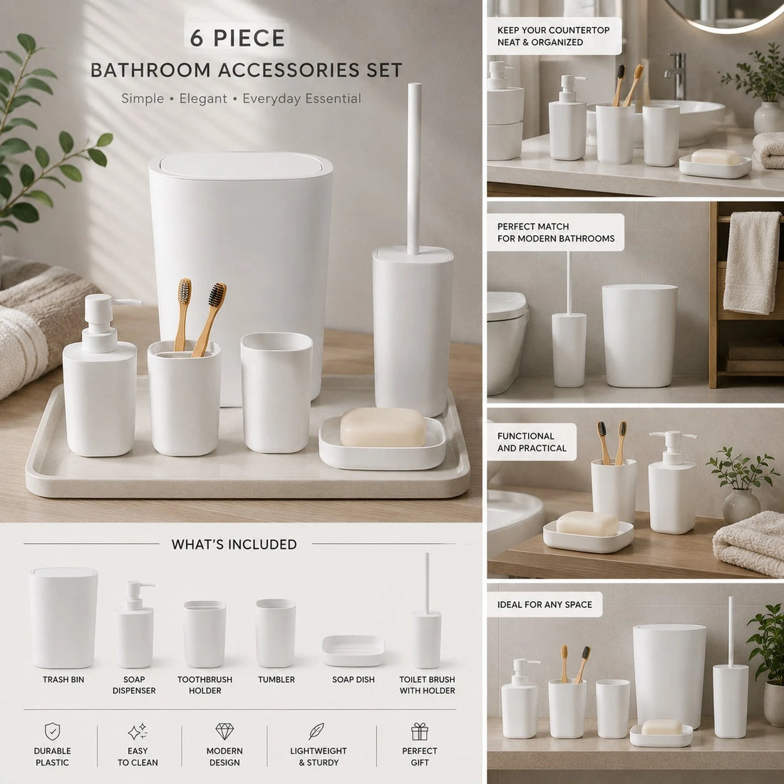 6 Piece White Plastic Bathroom Accessories Set with Trash Bin Soap Dispenser Toothbrush Holder Tumbler Soap Dish and Toilet Brush