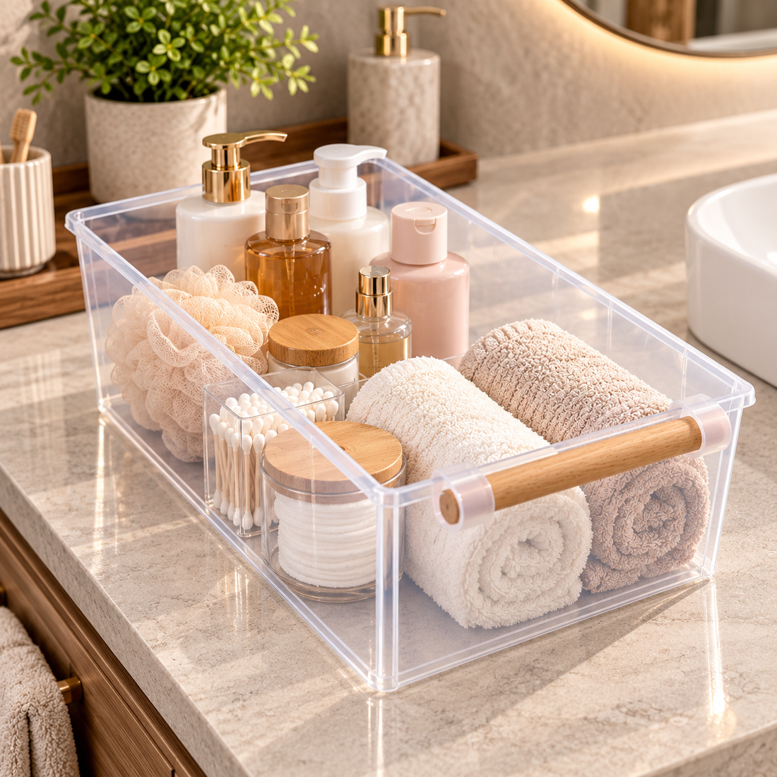 Clear Multipurpose Storage Organizer with Wooden Handle