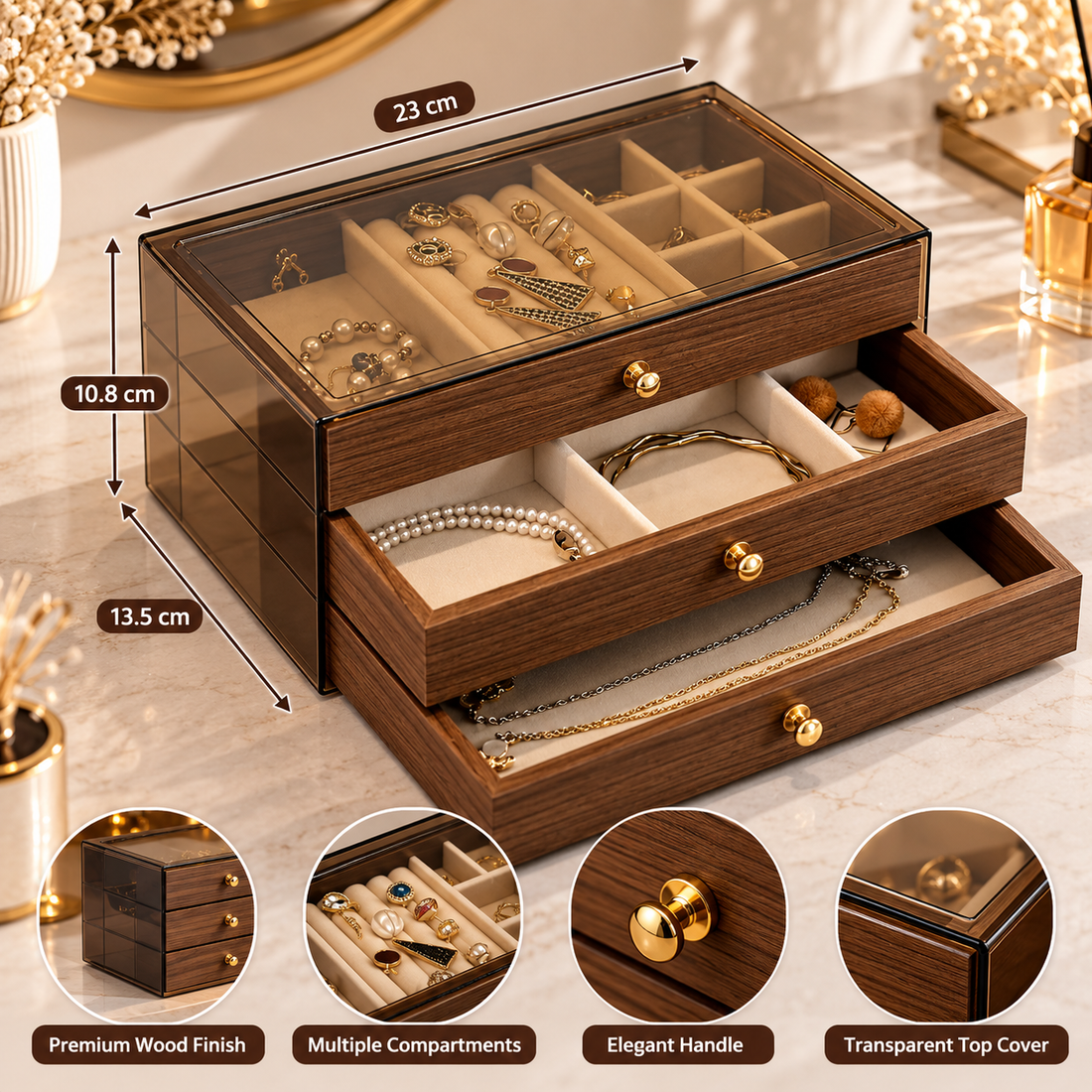 3 Drawer Jewelry Organizer with Transparent Cover