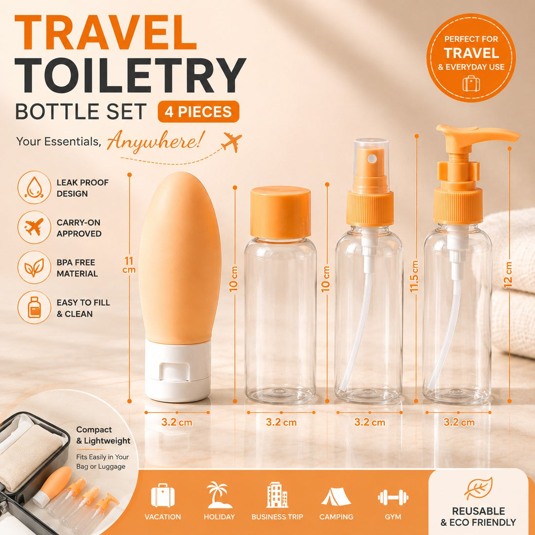 4 Piece Refillable Travel Toiletry Bottle Set with Clear Pouch