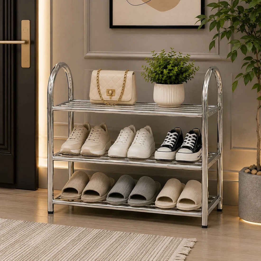 Stainless Steel 3 Tier Shoe Rack Chrome Entryway Organizer Easy Assembly Storage Shelf Stand