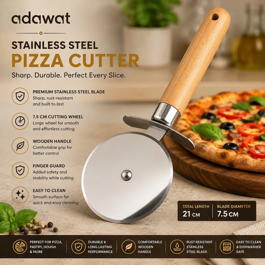 Adawat Stainless Steel Pizza Cutter Wooden Handle Pizza Wheel Cutter Pastry Cutter Kitchen Tool 7.5 cm 21 cm