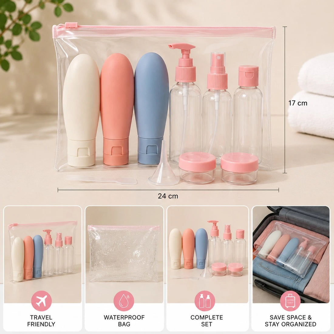 Travel Toiletry Bottle Set with Silicone Squeeze Bottles Cosmetic Jars Spray Pump Bottles Funnel and Waterproof Bag