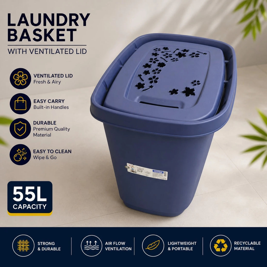 Rotho Wash With Joy Laundry Basket 55L Clothes Hamper Plastic Laundry Bin Storage Basket Ventilated Lid Dirty Clothes Organizer Swiss Design