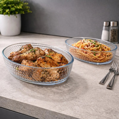 Borart Oval Baking Dish Set Glass Oven Baking Dish 2 PCS Heat Resistant Oven Safe Honeycomb Embossed Turkish Made