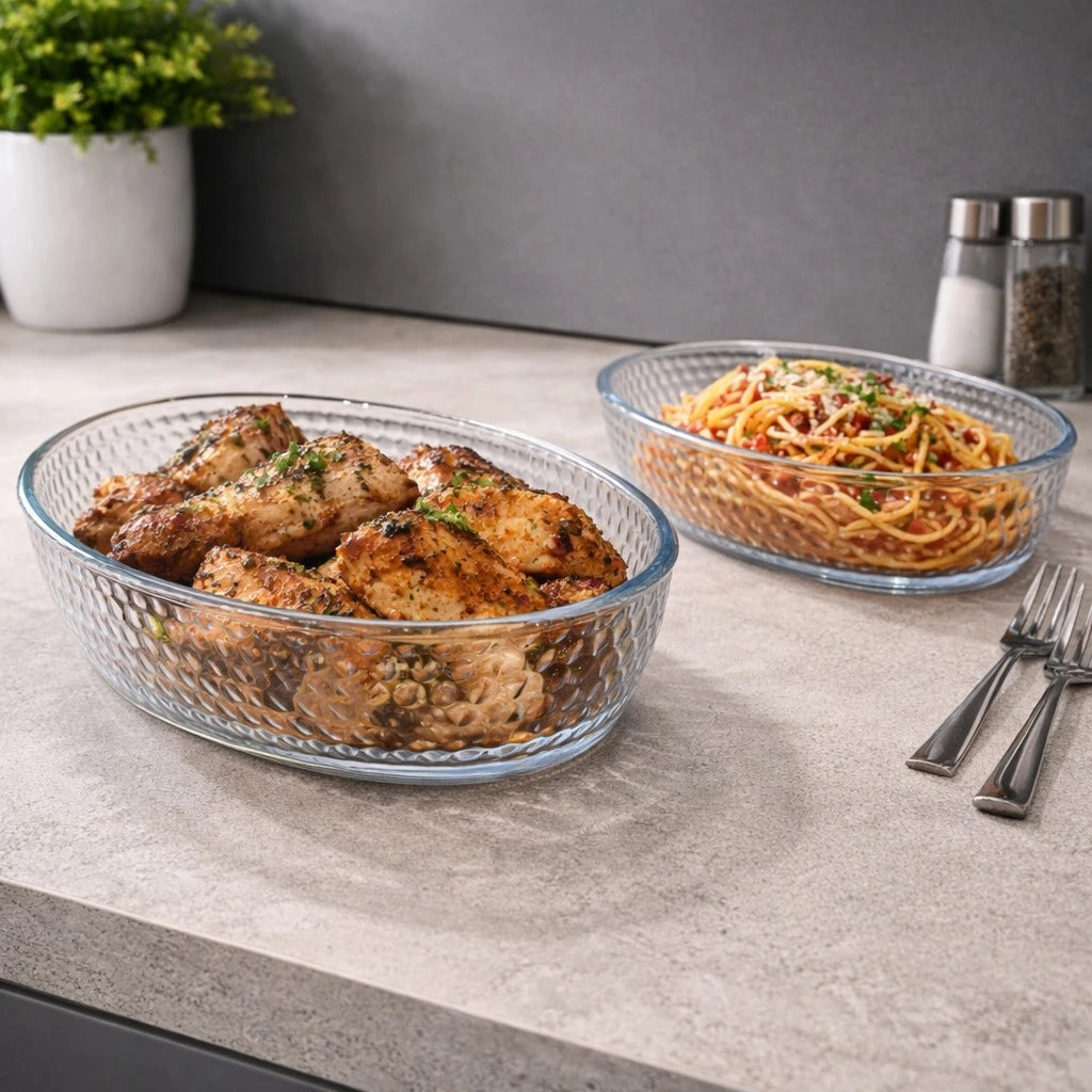 Borart Oval Baking Dish Set Glass Oven Baking Dish 2 PCS Heat Resistant Oven Safe Honeycomb Embossed Turkish Made