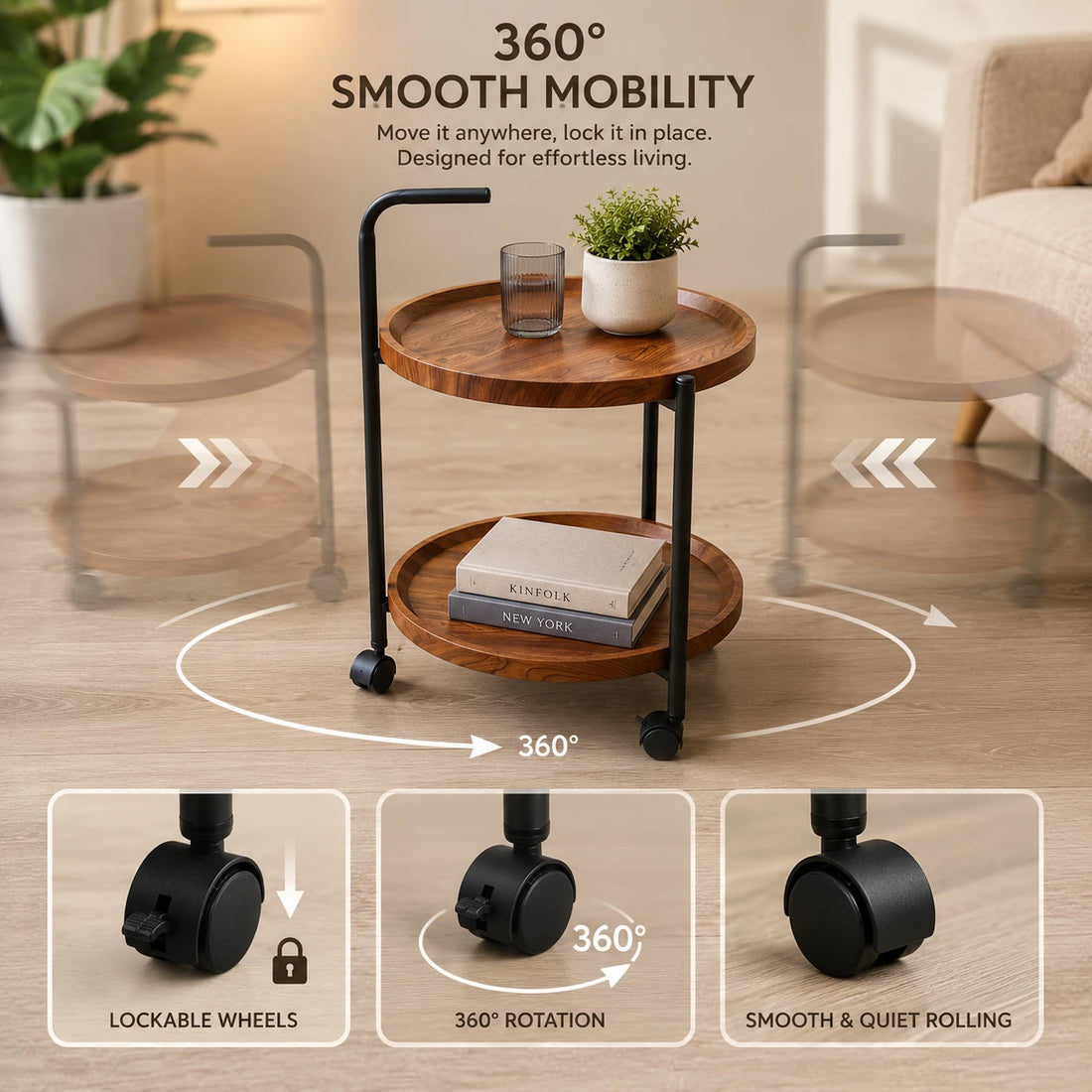 Wooden Table Rolling Side Serving Cart With Wheels Modern Storage Trolley Coffee Table Utility Cart