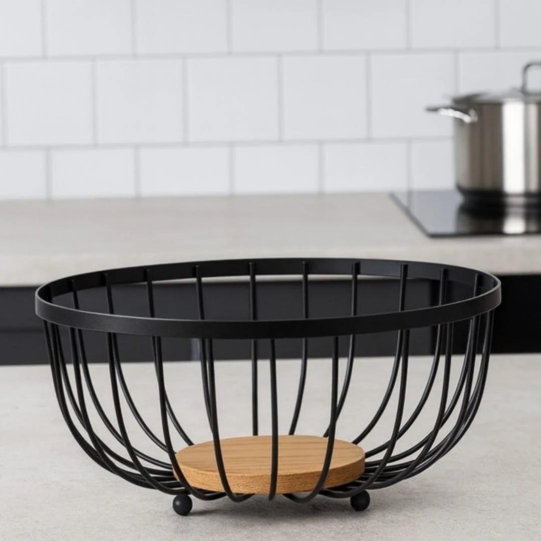Multi Purpose Modern Wire Basket, Wooden Base