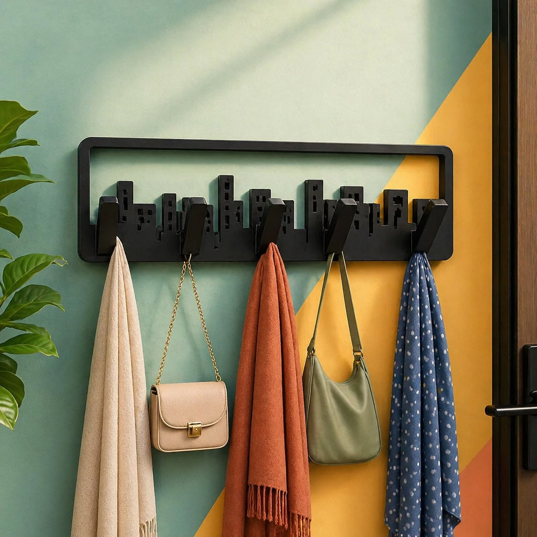 Wall Mounted Organizer Rack 5 Hook Skyline Design Plastic Decorative Shelf Entryway Hanger 49.5 cm
