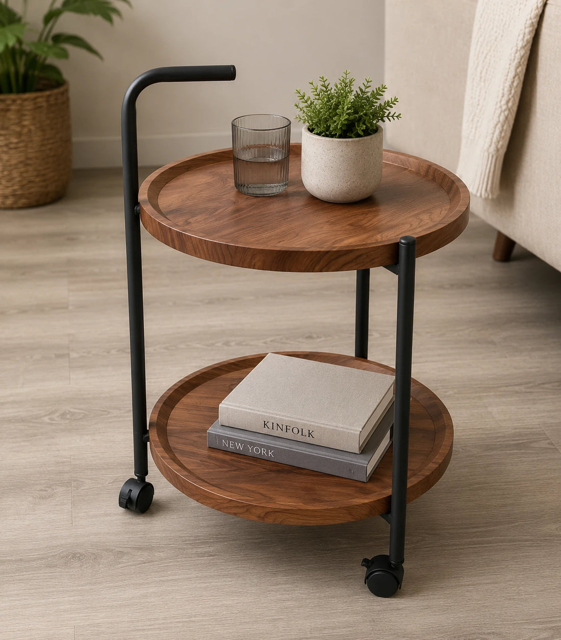 Wooden Table Rolling Side Serving Cart With Wheels Modern Storage Trolley Coffee Table Utility Cart