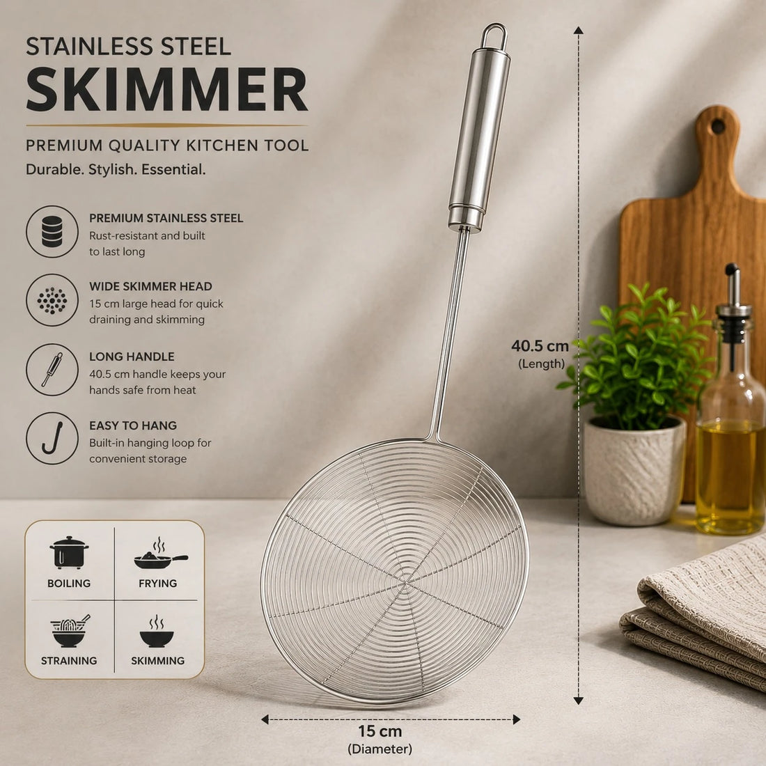 Adawat Stainless Steel Wire Skimmer Spider Strainer Frying Basket Kitchen Skimmer Oil Strainer 40.5 cm 15 cm