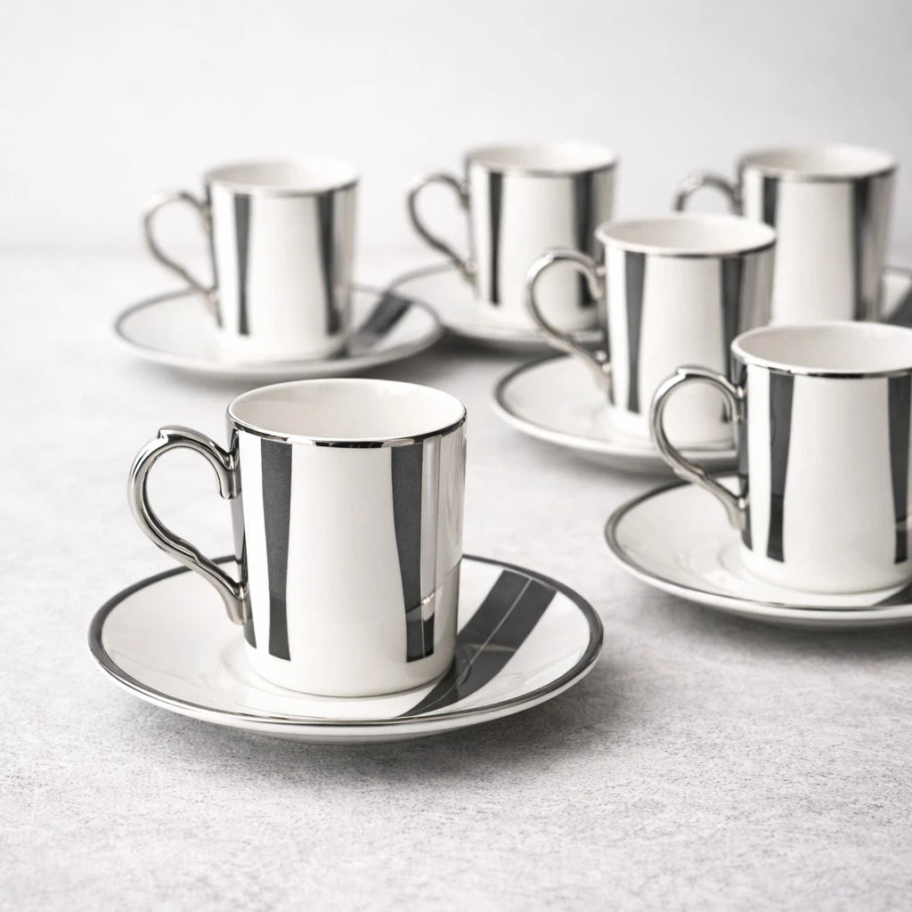 Porcelain Coffee Cup Set of 6 Turkish Coffee Espresso Cups Silver Stripe Luxury Drinkware