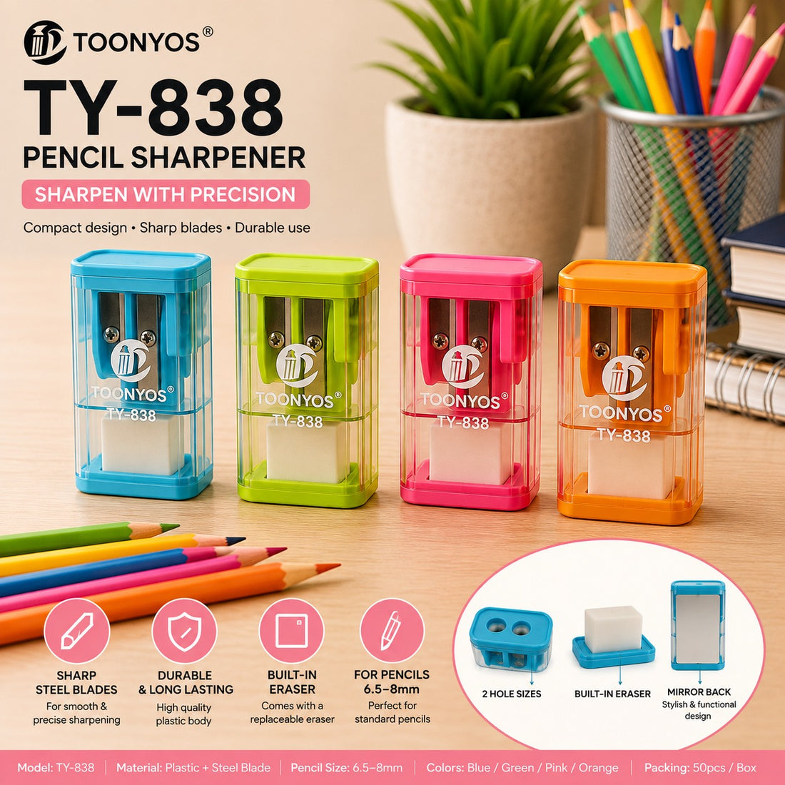 Double Hole School Pencil Sharpener with Shavings Container Eraser & Back Mirror