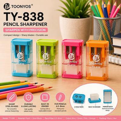 Double Hole School Pencil Sharpener with Shavings Container Eraser & Back Mirror