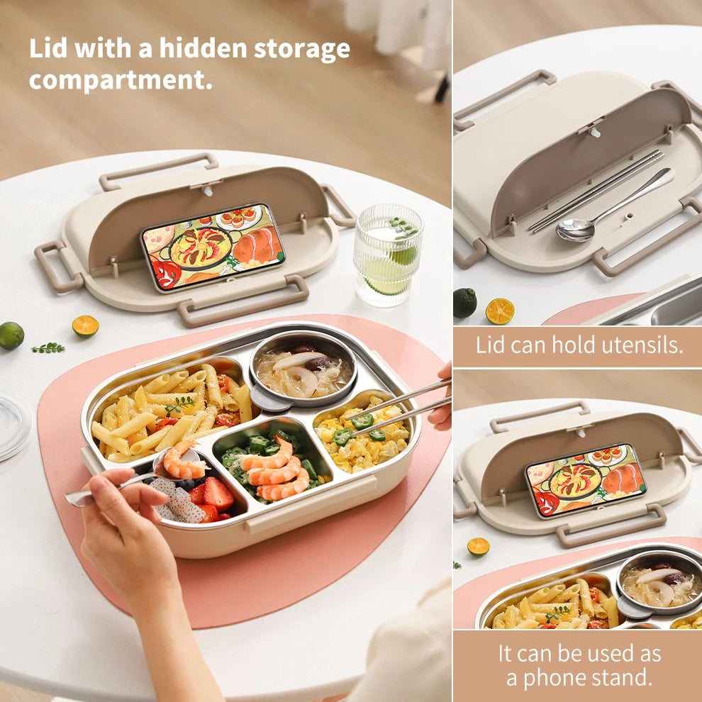 2000ml Stainless Steel Bento Lunch Box, Brown Lid