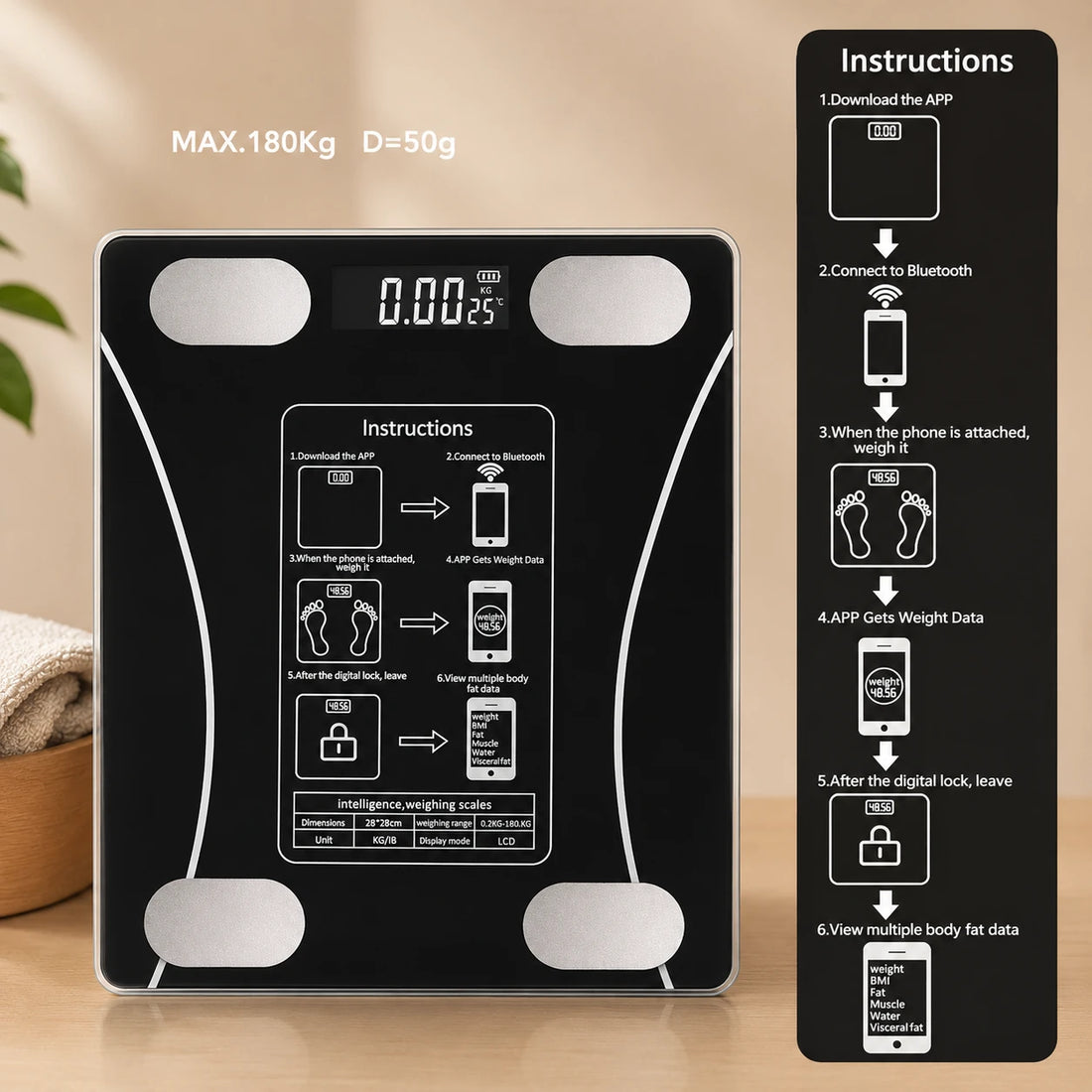 Balance Weight Measure Bluetooth Body Fat Smart Scale Digital Bathroom Scale LCD Display Tempered Glass Rechargeable Health Analyzer Black