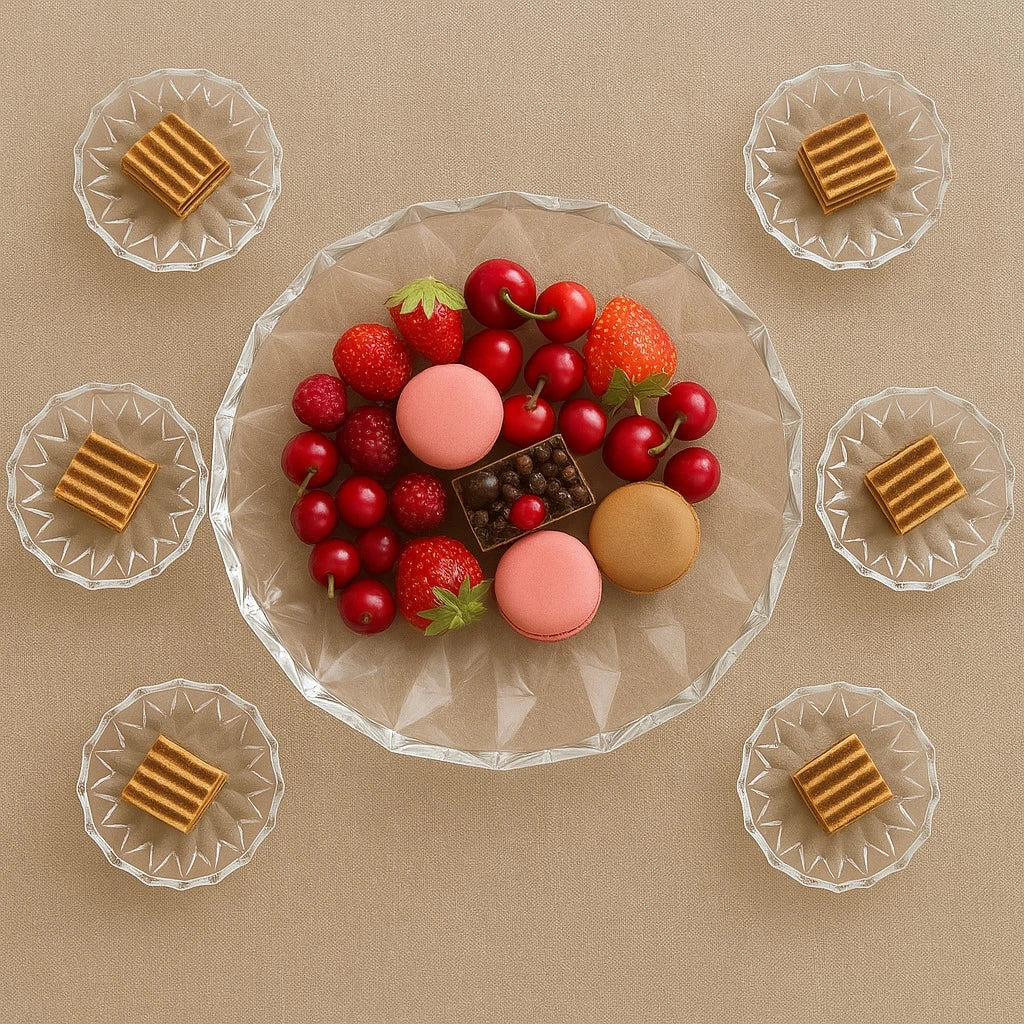 Crystal Serving Plate Set with Large Serving Tray and 6 Dessert Plates Clear Faceted Round Serving Plates for Fruits Snacks Pastries and Parties