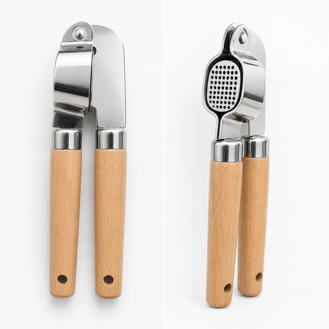 Adawat Garlic Press Stainless Steel Garlic Crusher Mincer with Wooden Handle Removable Basket Easy Clean