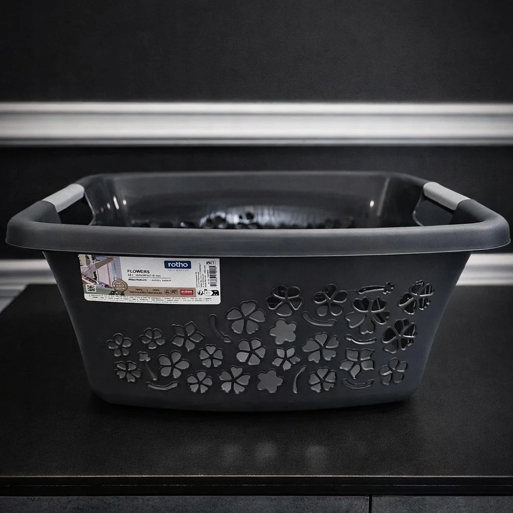 Rotho Laundry Basket Plastic Storage Basket Organizer Clothes Hamper Flowers Design Swiss Made 25L