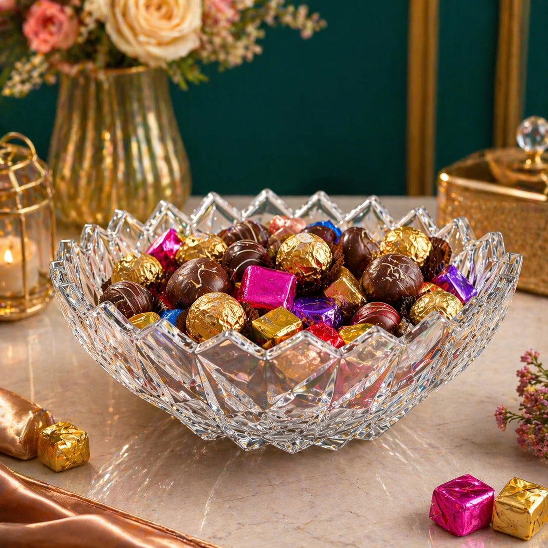 Clear Glass Decorative Bowl Crystal Cut Fruit Candy Serving Bowl Round Elegant Table Centerpiece 23 cm
