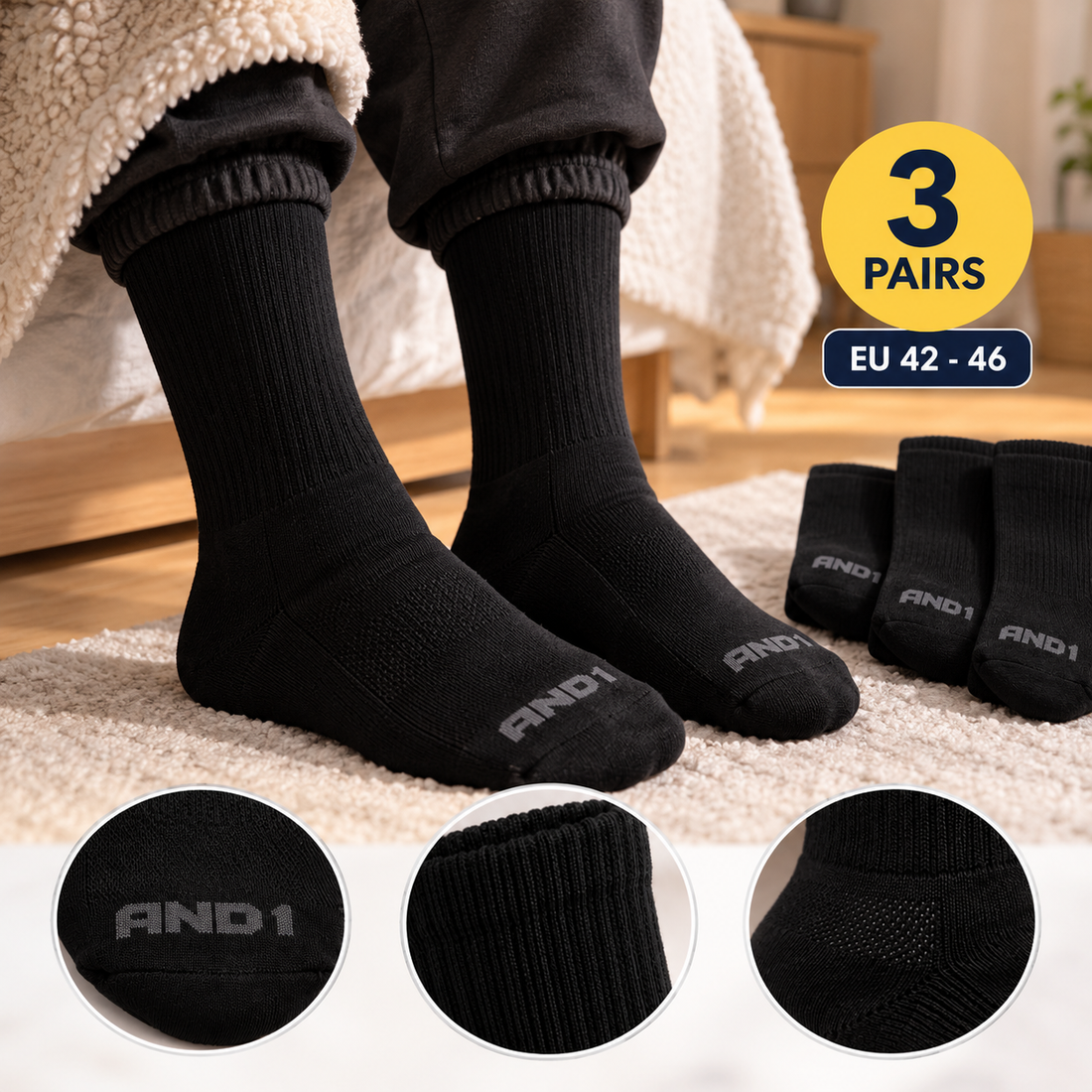 AND1 Men's Crew Socks – Set of 3 Pairs Black