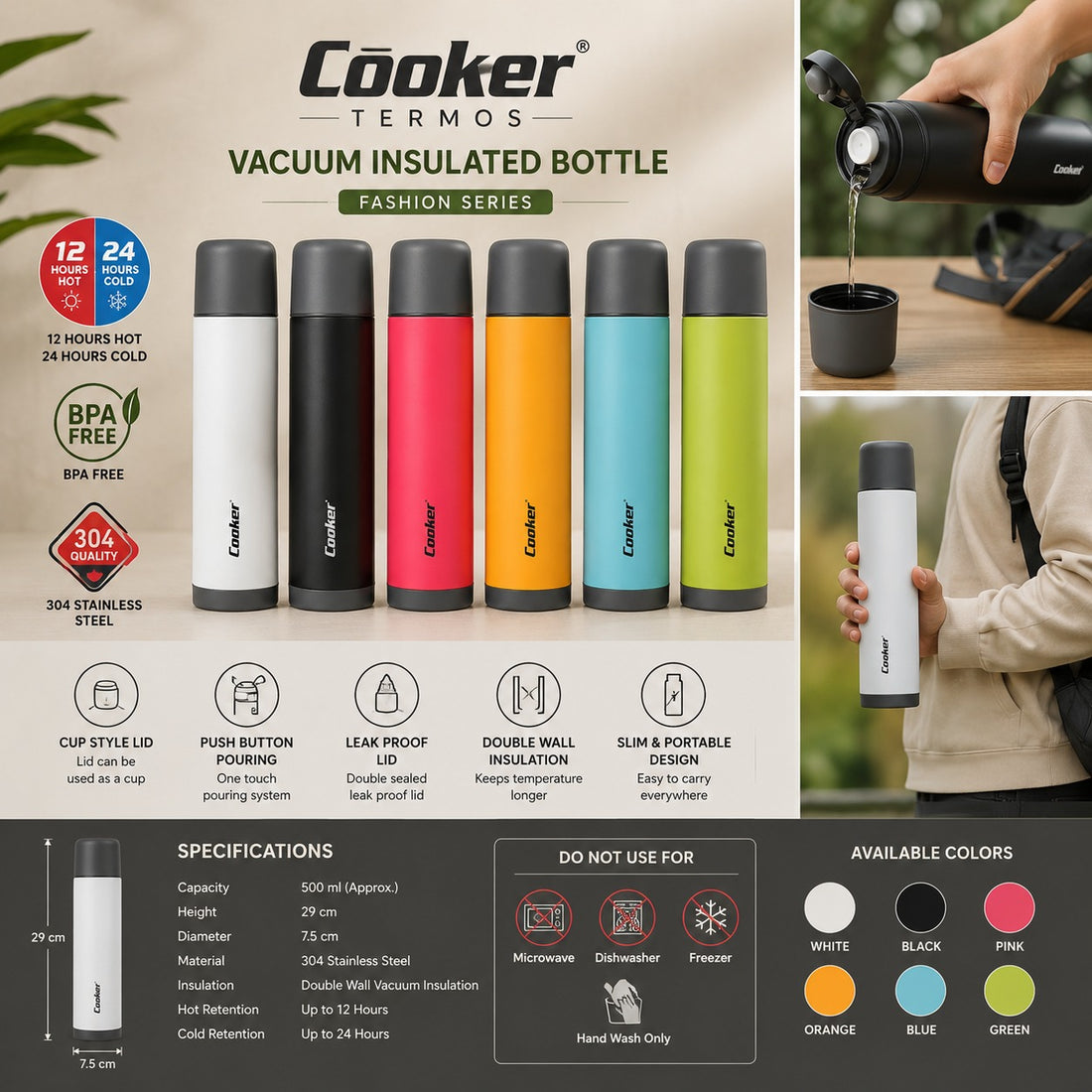 Cooker Thermos Vacuum Insulated Thermos Bottle 750ML 304 Stainless Steel Travel Coffee Tea Water Flask Leak Proof Hot Cold Bottle
